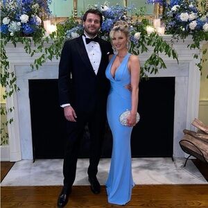 Long baby blue side cut out dress.